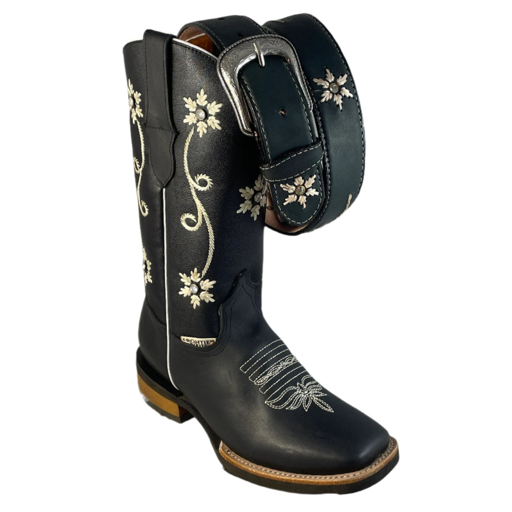 FRONTIER Women's Black Western Boots - Square Toe - Free Belt